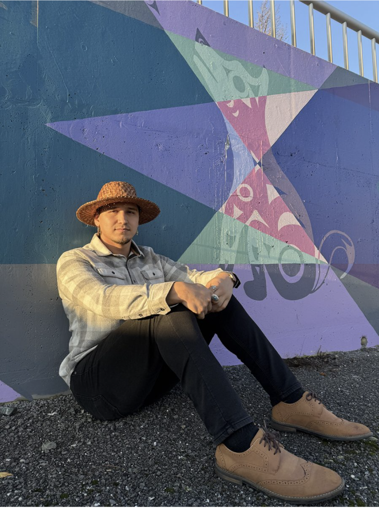 Free Borsey before the Indigiversal Collective Mural, Granary Avenue, Bellingham waterfront